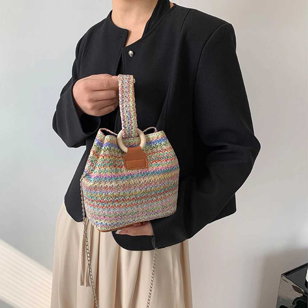 Colorful Str Bucket Bag Fi Hand-Woven Mini Bucket Bag Wen Chain Sling Purses Fem Crossbody Bag Summer Tote Hobo Bag Y250722