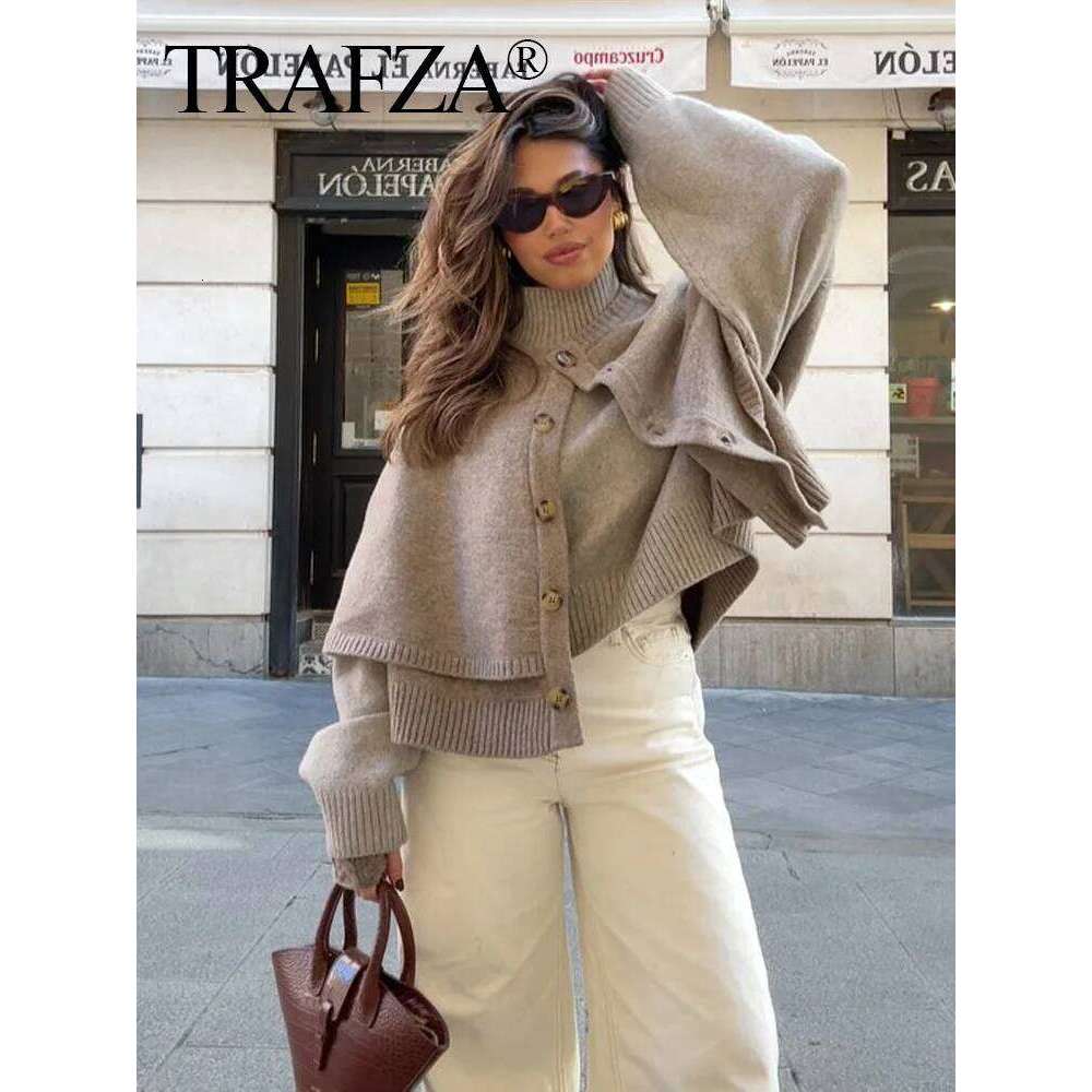 Vintage Women Knit Cape Cropped Cardigan Female Short Solid Soft Loose Shawl Sweater Elegant Button Jacket Knitwear
