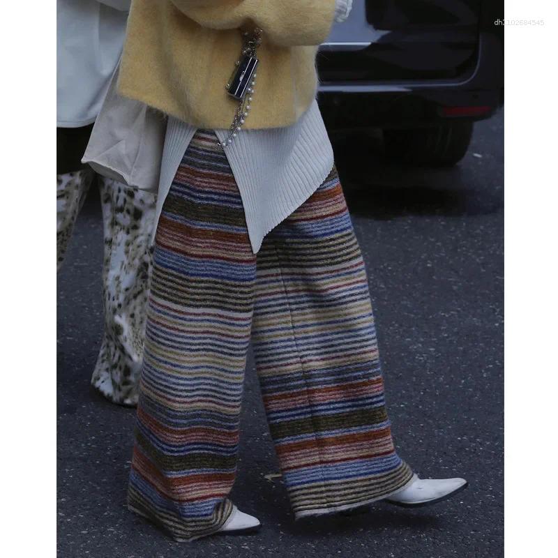 Women's Pants YueJuXing Of The Season Retro Color Block Striped Knitted Casual Long Slimming Design Straight Leg Woolen Wea Z260314