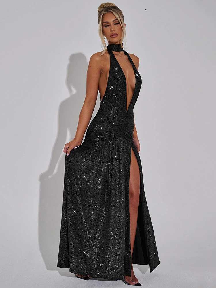 Mozision Glitter Deep V Neck Sexy Maxi Dress For Women 2025 Fashion Sparkle Halter Sleeveless Backless Split Club Long Dress XJ250722