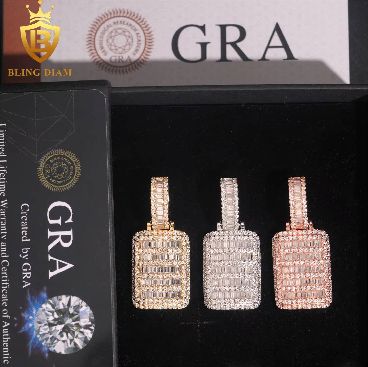 Iced Out Custom Jewelry Dog Tag Pendant Hip Hop Necklace Vvs Moissanite Baguette Shape 925 Sterling Silver Gold Plated