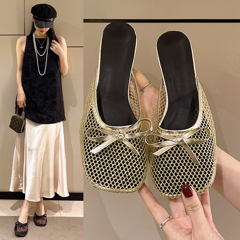Luxury Brand Designer Shoes Plus Size Gold Bow Hollow Toe Sandals For Women, Summer 2025 Slip-On Thin Heel Mules