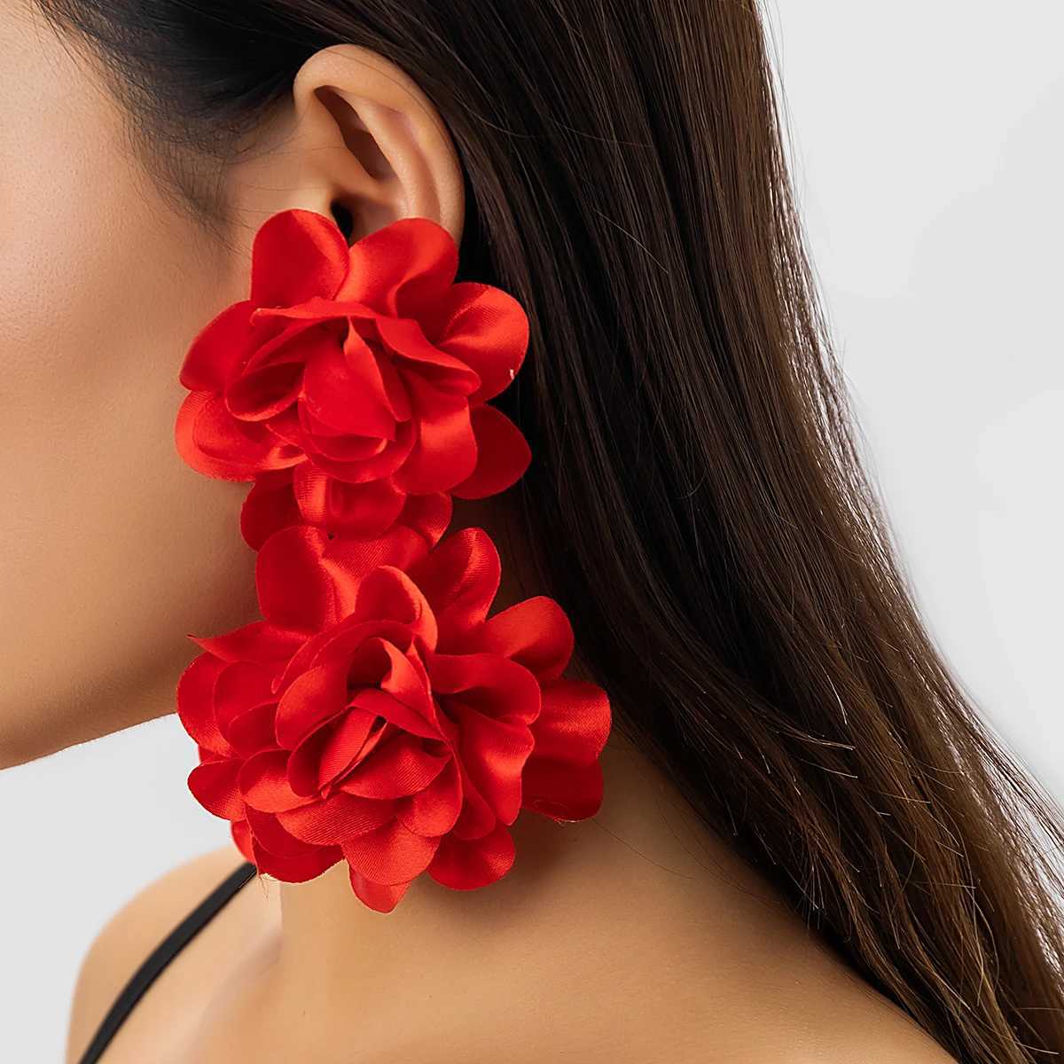 Exaggerated Red Petal Flower Drop Earrings for Women Boho Handmade Long Tassel Rose Fairy Dangle Earrings Aesthetic Jewelry New XJ250722