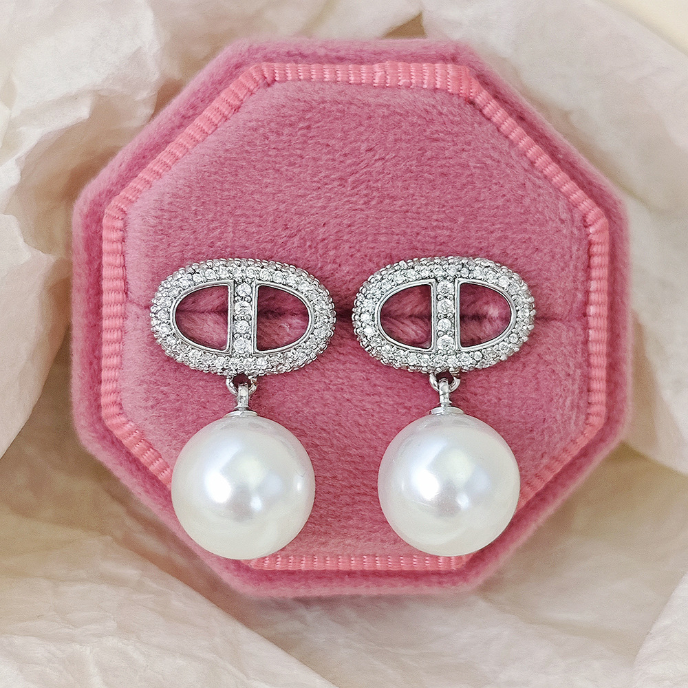 Silver - Tone Pearl - Drop Earrings With Rhinestone - Encrusted Logo Chic Party Jewelry And Gift For Her High Quality And Elegant Jewelry