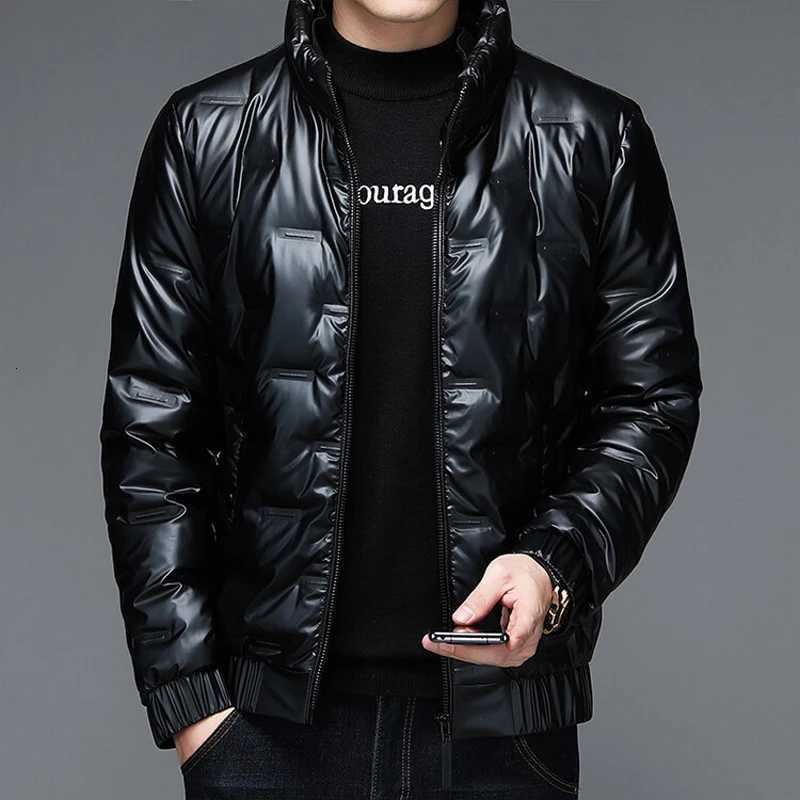 Winter New Style Mens Bright Leather Fashionable Down Jacket Casual Stand Collar Short Mens White Duck Down Feather W250722