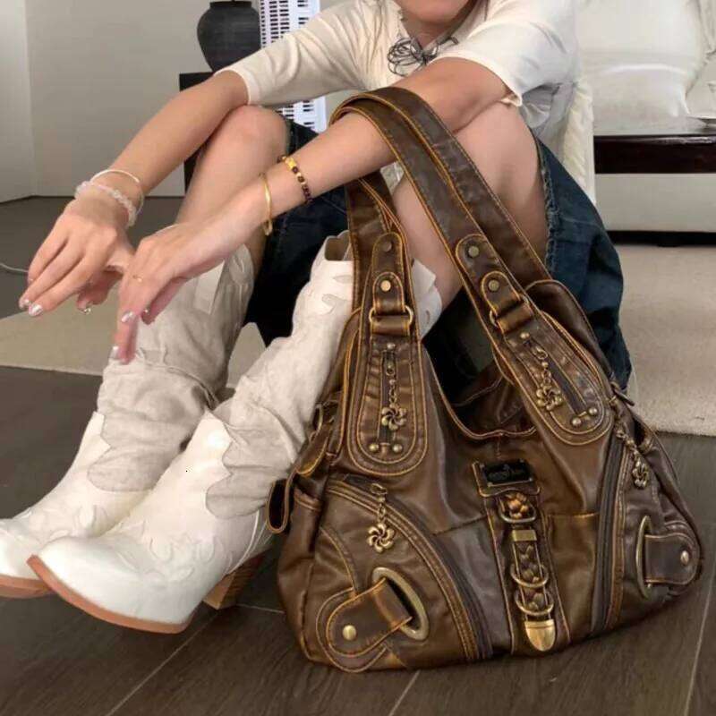 Vintage Brown Y2k Handbag Women Retro Subculture Leather Large Capacity Shoulder Bags Ladies Haruku Aesthetic Tote Bag