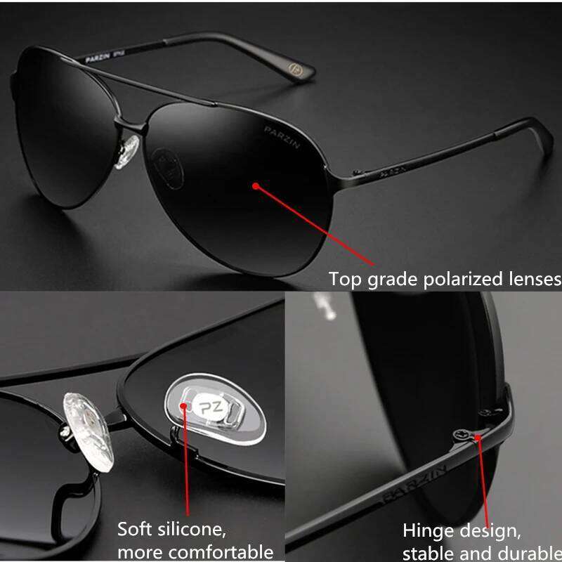 PARZIN Classic Aviation Sunglasses Men Women Brand Design Alloy Frame Pilot Polarized Sun Glasses For Driving Male Black UV400
