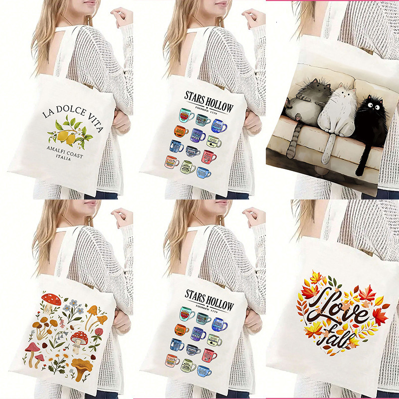 1pc Positano Lemon Flowers Leaves Women Shopper Bags Tote Canvas Plant Travel Shoulder Handbag Shopping Bag 240816