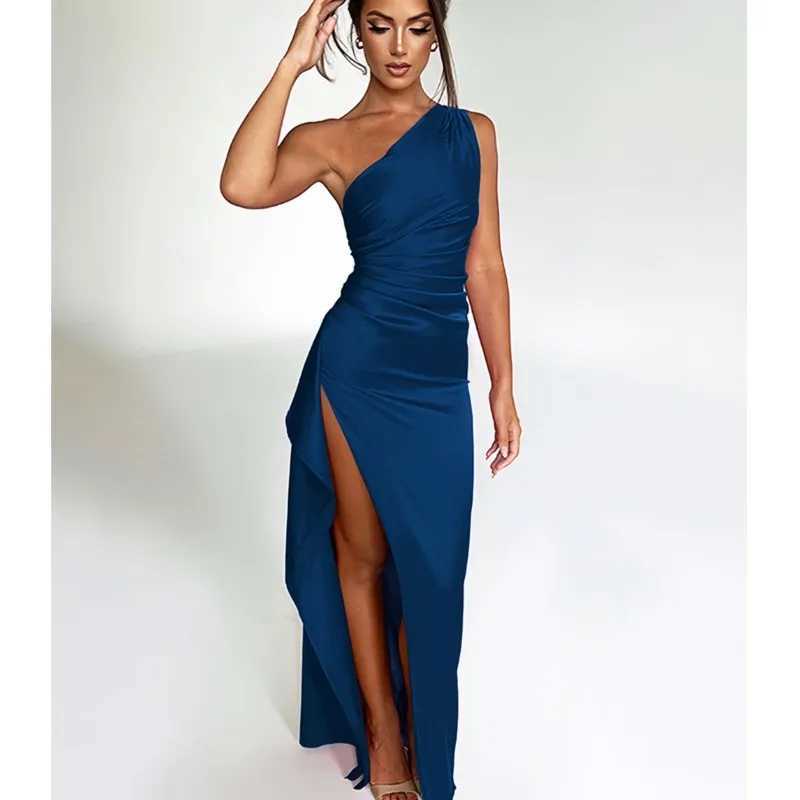 Sexy One Shoulder Satin Long Dress For Women Summer Sleeveless High Split Backless Party Evening Dresses Ele Cocktail Dress XJ250722