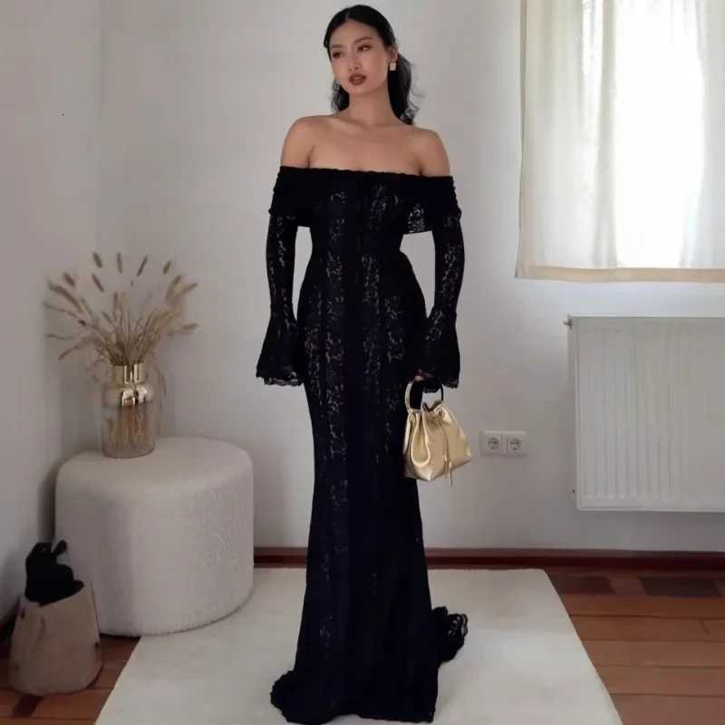 Ele Long Lace Dress with Shoulder Bows Flared Sleeve Bodycon Silhouette Empire Waist Draping Skirt for Women XJ250722
