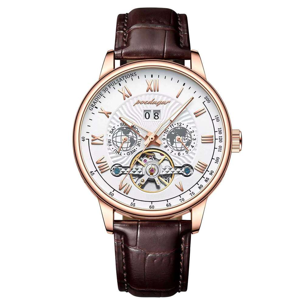 DHgargets POEDAGAR Men's Luxury Automatic Watch - Tourbillon, Calendar, Moon Phase, 50M Waterproof, Ultra-Thin 6mm, Genuine Leather Strap