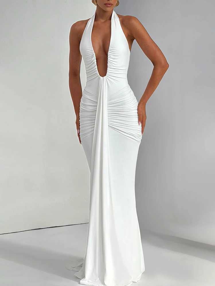 Mozision Deep V Neck Draped Ruched Sexy Maxi Dress Women Summer Fashion Halter Sleeveless Backless Club Party Long Dress XJ250722