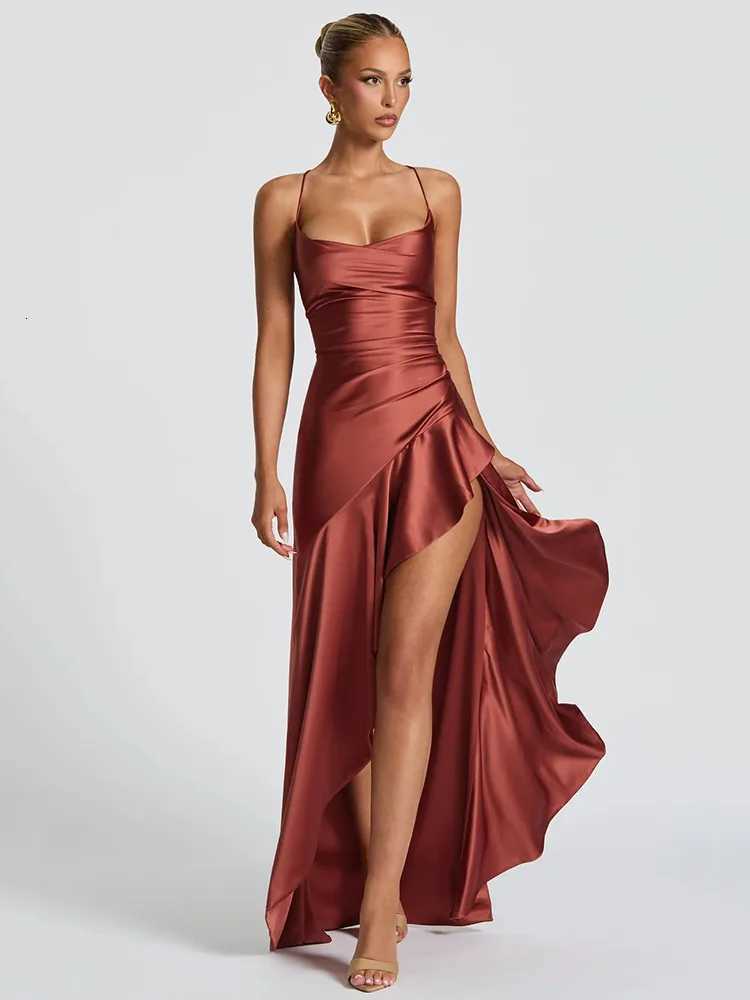 Articat Ele Spaghetti Strap Satin Split Maxi Dress Women Sexy Backless Bodycon Party Evening Dress Summer Holiday Beachwear XJ250722