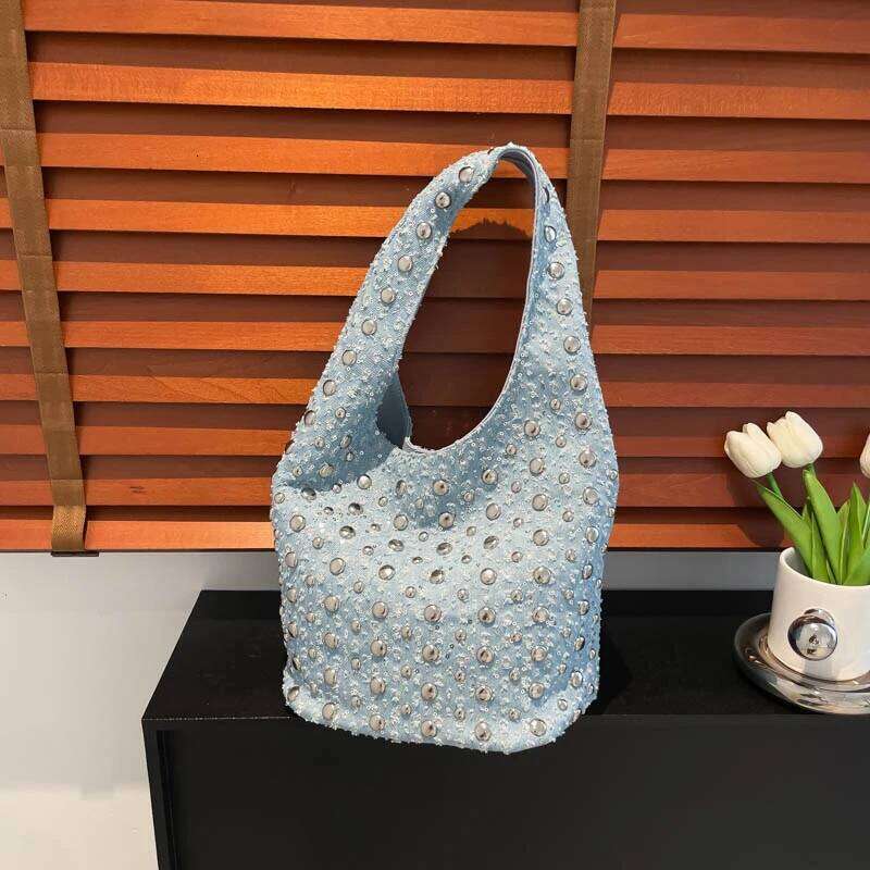 Denim Sequin Rivet Underarm Shoulder Bag,Vintage Metal Stud Motorcycle Style Handbag,Designer Blue Chic Women Bucket Tote Bags