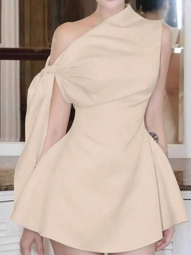 Summer New Women A-Line Dresses Streetwear Fashion Ribbon Skew Collar Casual Slim Dress Solid Sexy Off Shoulder Knitted Dresses XJ250722