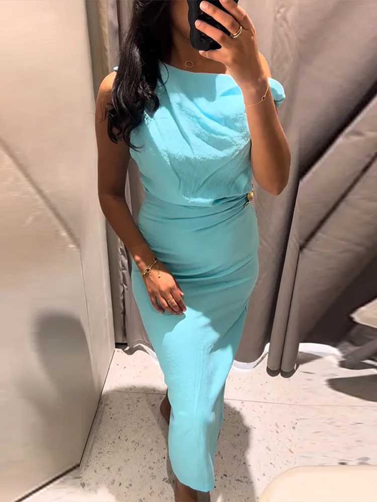 100% Womens Bodycon Maxi Dresses Sleeveless One Shoulder Dress with Gold Buckle Summer Chic Casual Lady Party Evening Outfit XJ250722