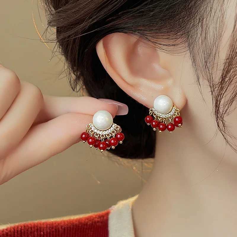 South Korea Temperament Unique Red Beads Tassel Imitation Pearls Stud Earrings For Women Fashion Sweet Crystal Jewelry Gifts XJ250722