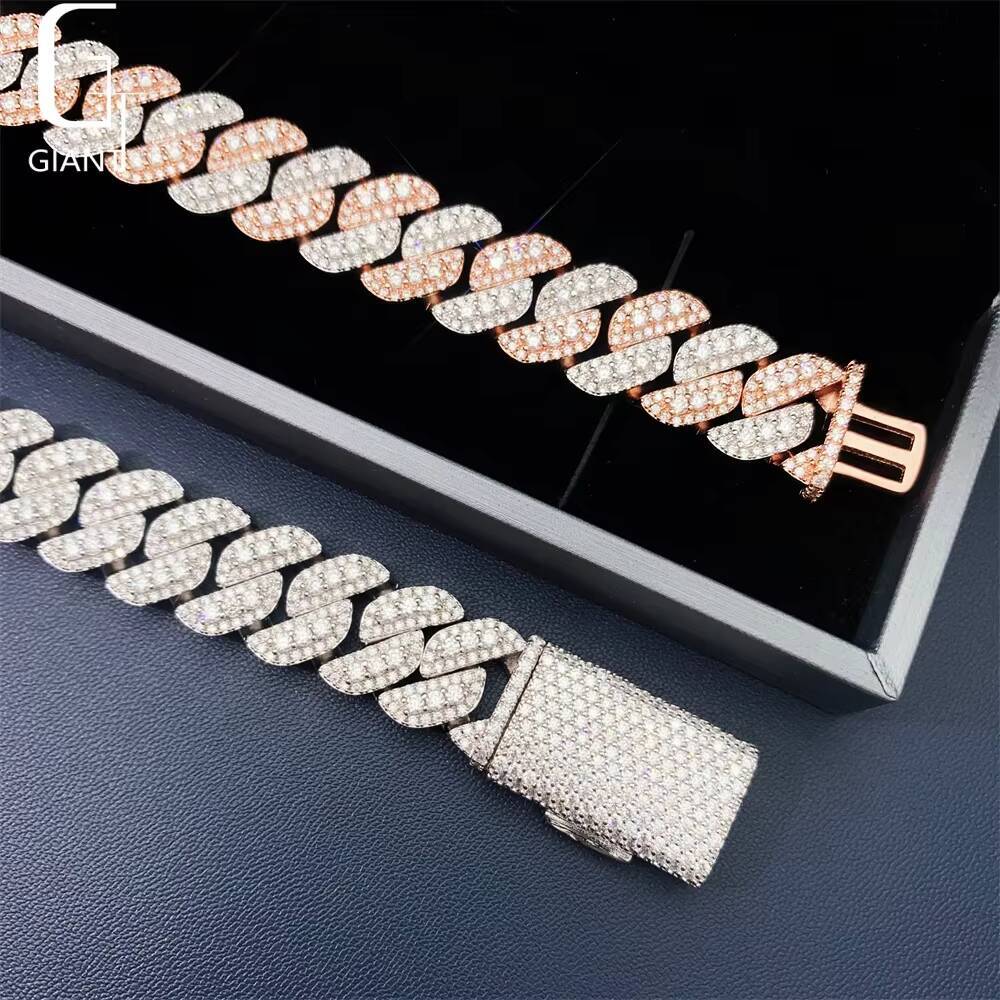 HIP HOP New Design Cuban Jewelry 925 Sterling Silver VVS Moissanite Diamond Two Color Cuban Link Chain Necklace Bracelet Unisex