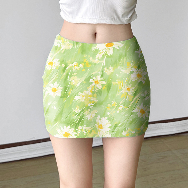 L2251 Summer Dopamine Mint Blue Green Hip Skirt Women's Holiday Style Slim Flower Print Skirt
