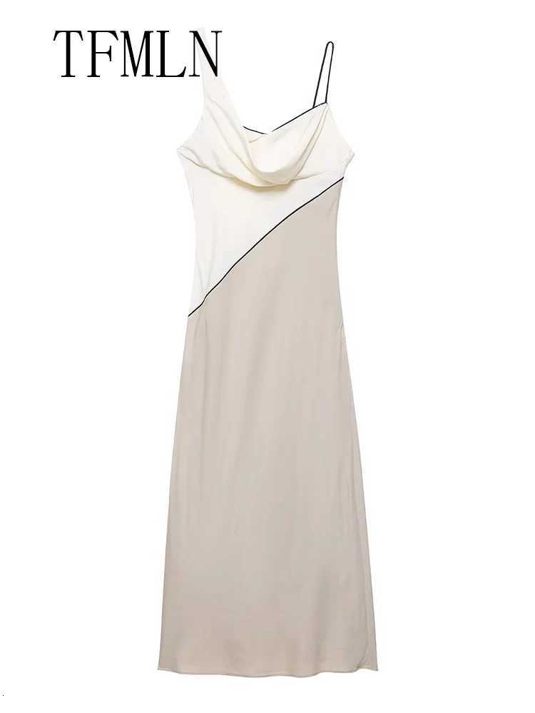 2025 Summer Women Patchwork Slim Strap Dress TFMLN Women Patchwork Slim Strap Dress Pilar Sleeveless Beach Party Sexy Asymmetrical Midi Dress XJ250722