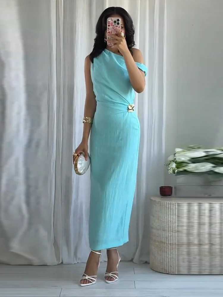 100% Womens Bodycon Maxi Dresses Sleeveless One Shoulder Dress with Gold Buckle Summer Chic Casual Lady Party Evening Outfit XJ250722