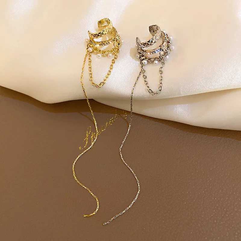 Luxury Multi-Layer Clip Earrings For Women Geometric Shiny Zircon Pearl Ear Bone No Pierced Long Chain Tassel Earring XJ250722