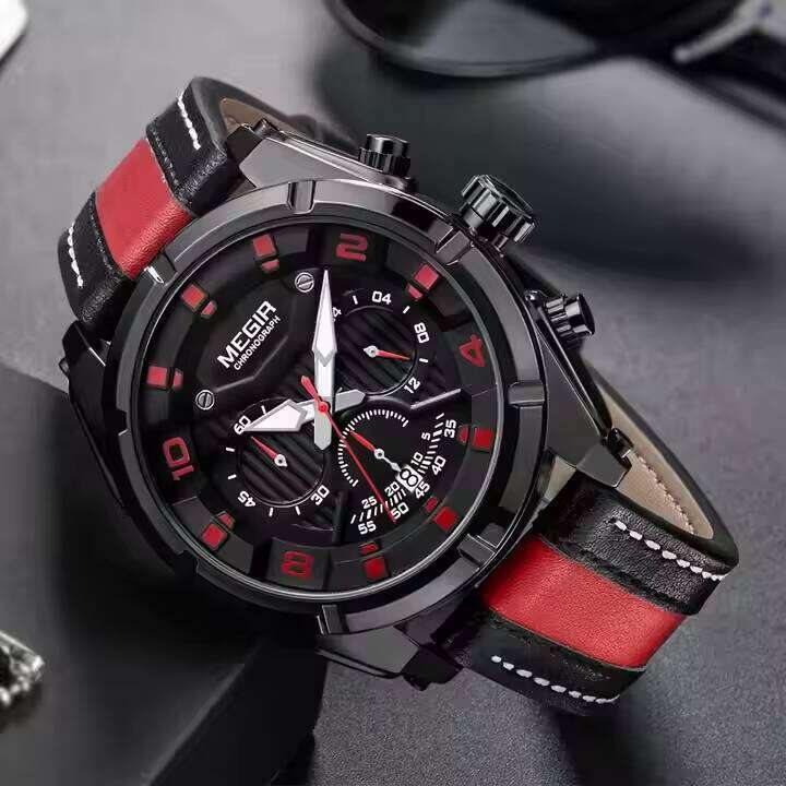 MEGIR Men's Sports Chronograph Watch - Waterproof, Luminous, Calendar, Leather Strap, Quartz Movement