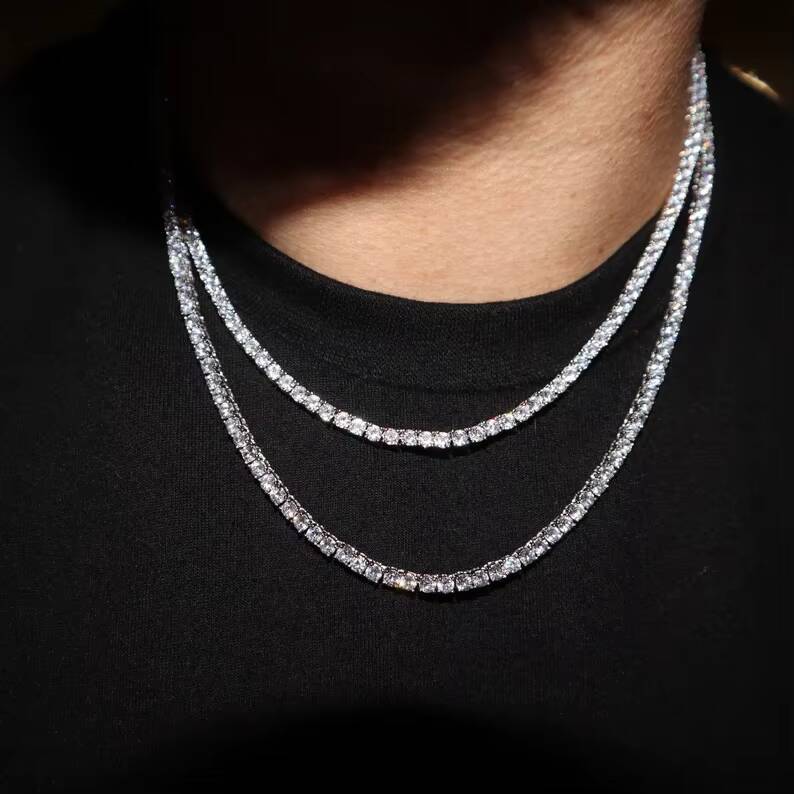 Wholesale Price 925 Sterling Silver 3MM/4MM Mens White Gold Color Moissanite Tennis Chain Hip Hop Pendant Tennis Necklace