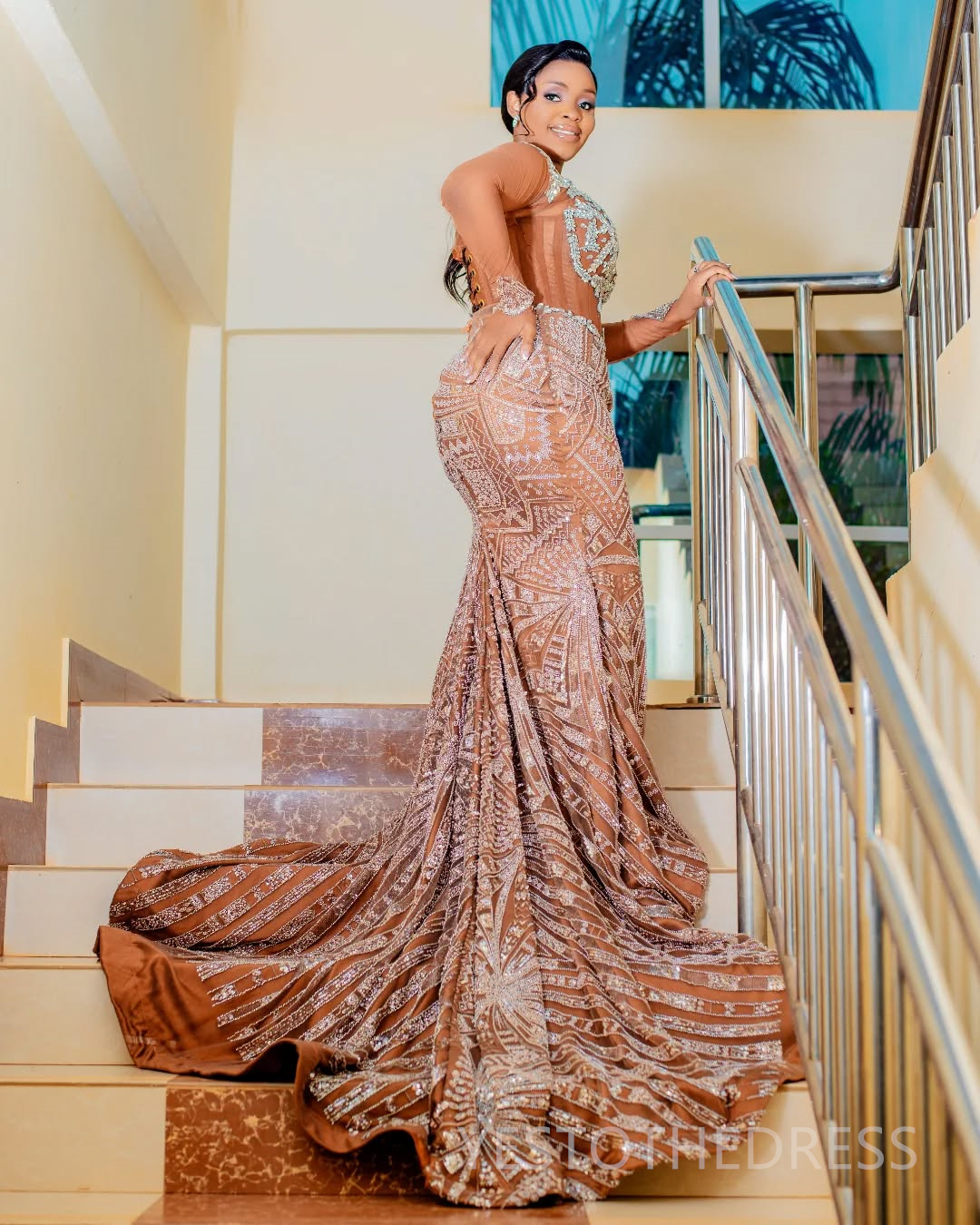 2025 Plus Size Brown Prom Dress For Black Women Mermaid Evening Dresses Robe De Soiree Sheer Neck Long Sleeves Beaded Lace Birthday Dress Second Recep