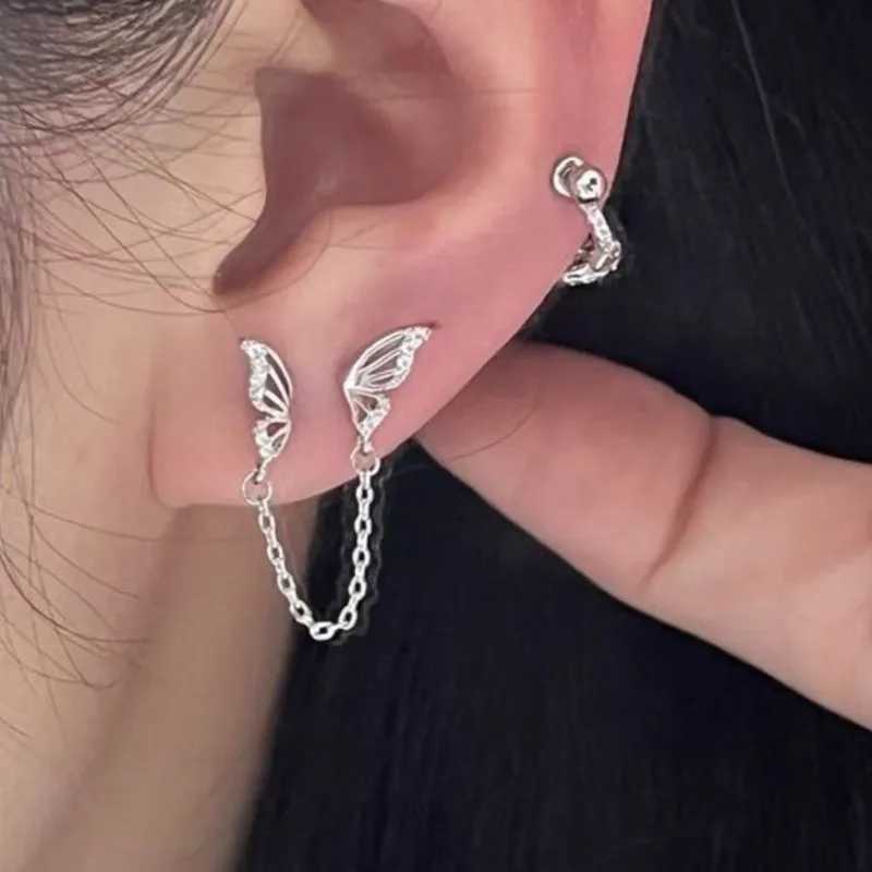 Tiny Sweet Tassel Butterfly Stud Earrings for Women Simple Korean Double Ear Hole Tassel Chain Earrings Party Jewelry XJ250722