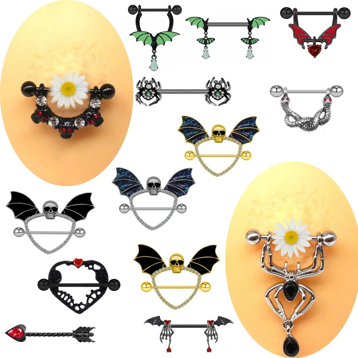 Gothic Nipple Rings Spider Skull Nipple Piercing Jewelry Halloween Body Jewelry 250722
