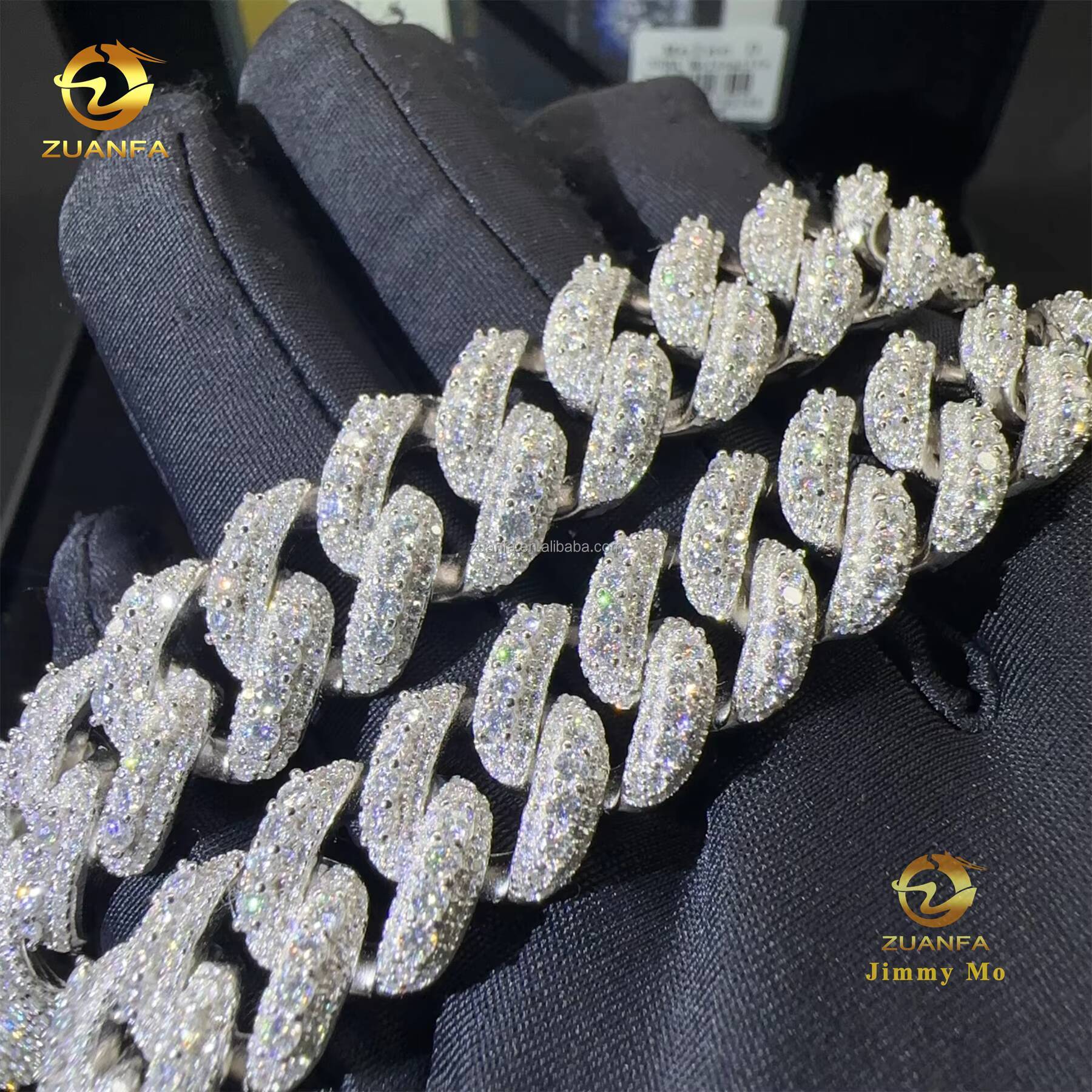 13mm 15mm Two Rows Moon Shape Big Guy Heavy Iced Out Hip Hop Flawless S925 Sterling Silver Moissanite Diamond Cuban Link Chain