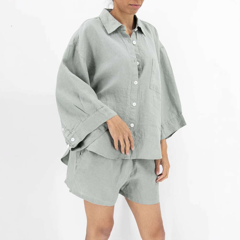 American Style Cardigan Long Sleeve Shorts Spring Summer Outerwear Simple Solid Color Casual Set For Women B5