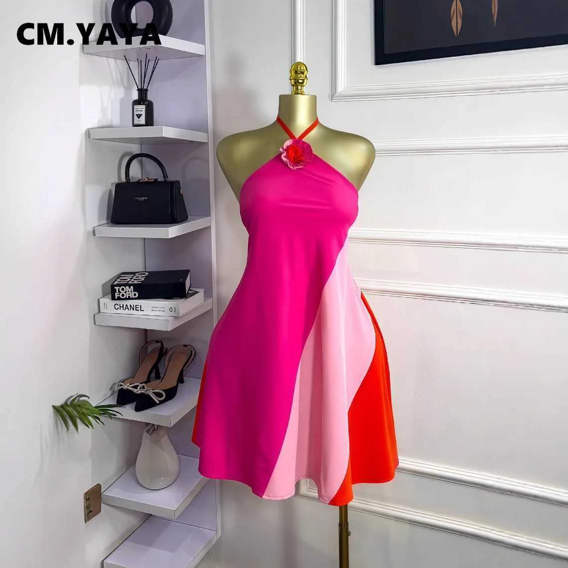 2025 Summer Vacation Birthday Sexy Party Dresses CM.YAYA Women Colorblock Halter Neck Backless Floral Applique A-line Mini Dress XJ250722