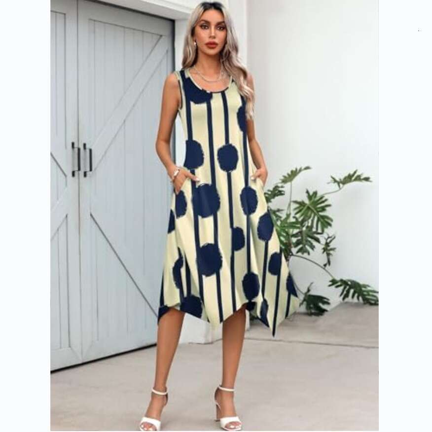 Women's Summer Mid-Length Fashion New Printed Sleeveless Flared Dress B5