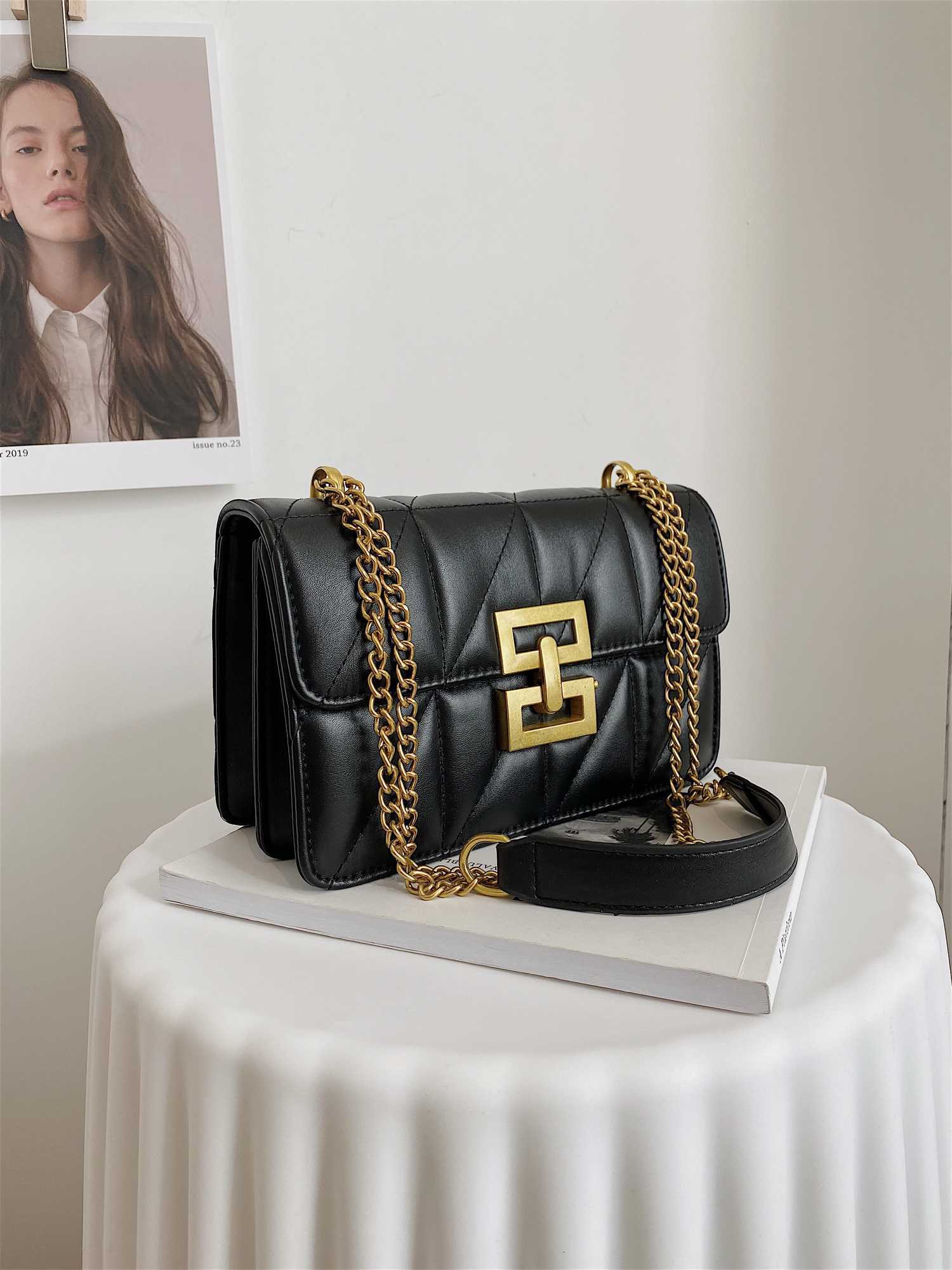 Lock Buckle Embroidered Thread PU Solid Color Small Square Bag Mens Chain Shoulder Bag Y250722