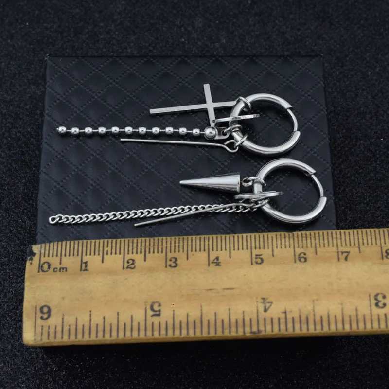 1 PC Boy Korean Punk Stainless Steel Cross Hoop Earring For Men Long Chain Tassel Moon Rock Hip Hop Piercing Stud JewelryXJ250722