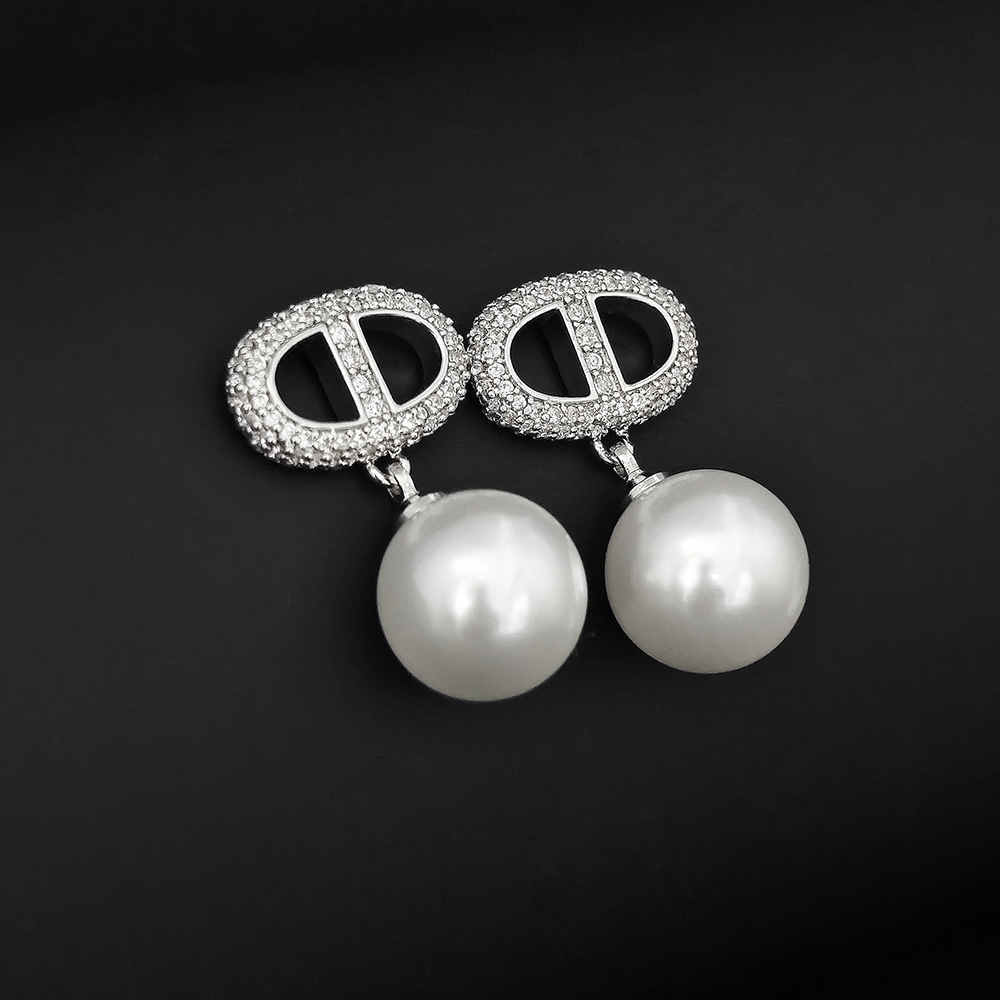 Silver - Tone Pearl - Drop Earrings With Rhinestone - Encrusted Logo Chic Party Jewelry And Gift For Her High Quality And Elegant Jewelry