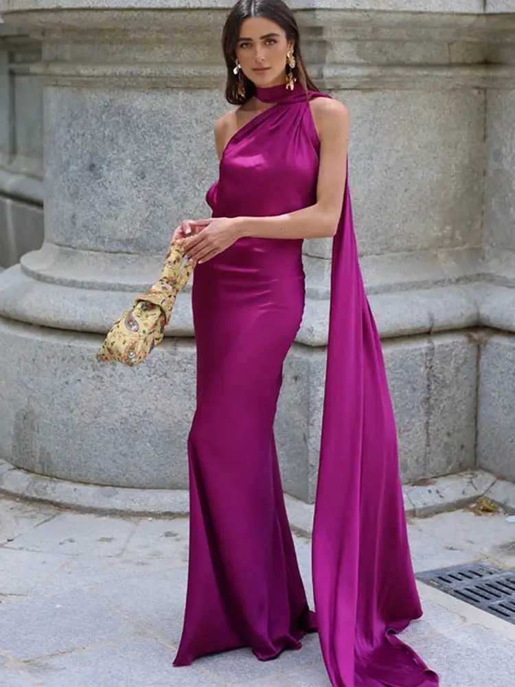 Fashion Solid Satin Halter Maxi Dress for Women Scarf Collar Backless Sleeveless Long Dress Lady Holiday Evening Party Dresses XJ250722