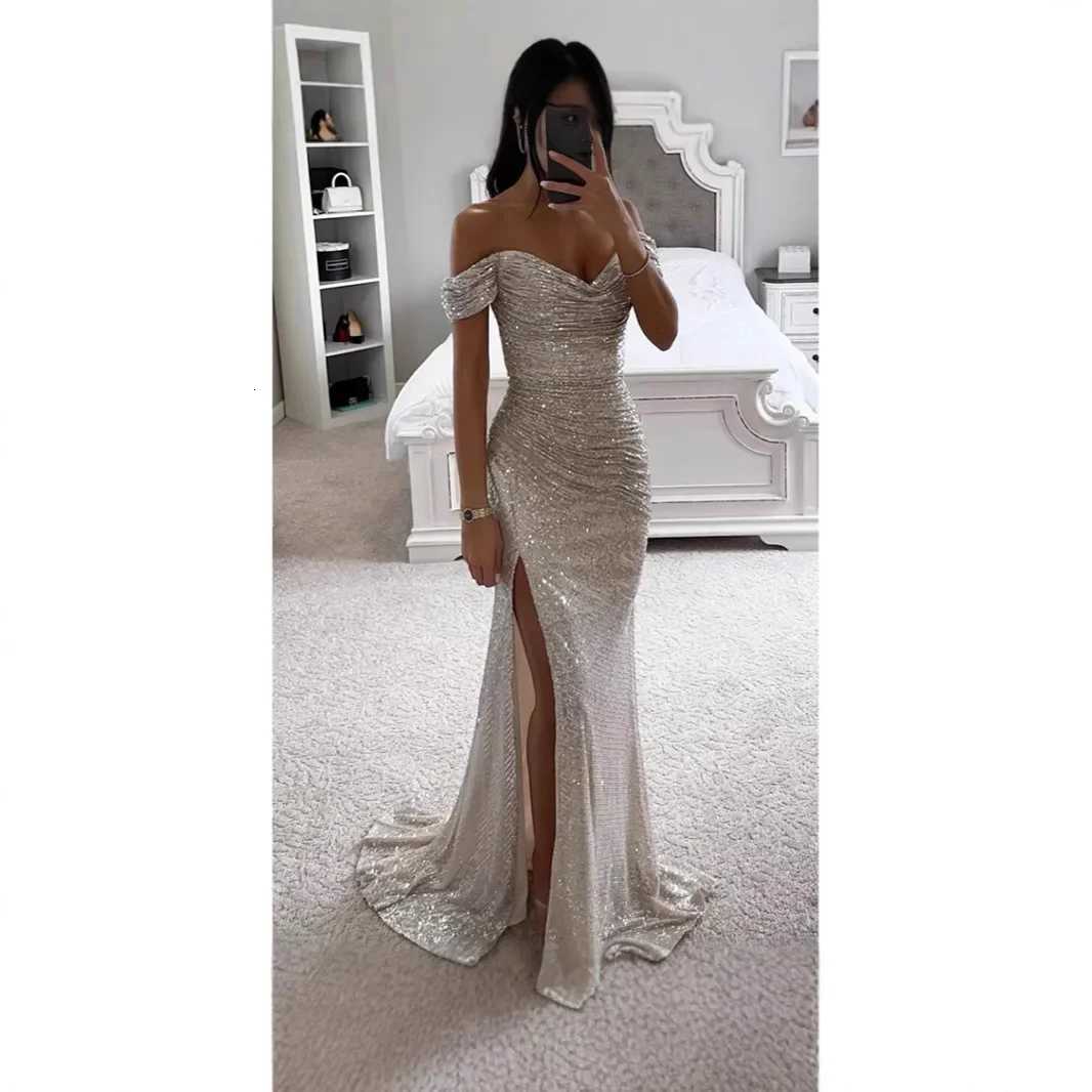 Sexy Side Slit Gown Shiny Sequins Womens Dress Independent Station Polyester Borderless Flashing Lightweight Fashion XJ250722