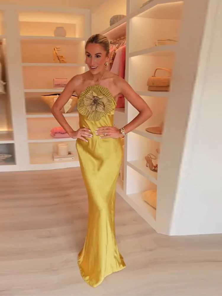 3D Flower Halter Women Maxi Dress Fashion Solid Stain Chic Veless High Waist Slim Long Dress for Women 2025 Summer Evening Dresses XJ250722