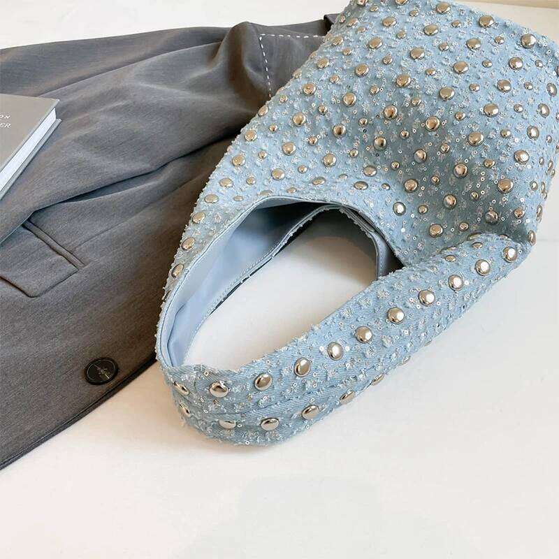 Denim Sequin Rivet Underarm Shoulder Bag,Vintage Metal Stud Motorcycle Style Handbag,Designer Blue Chic Women Bucket Tote Bags