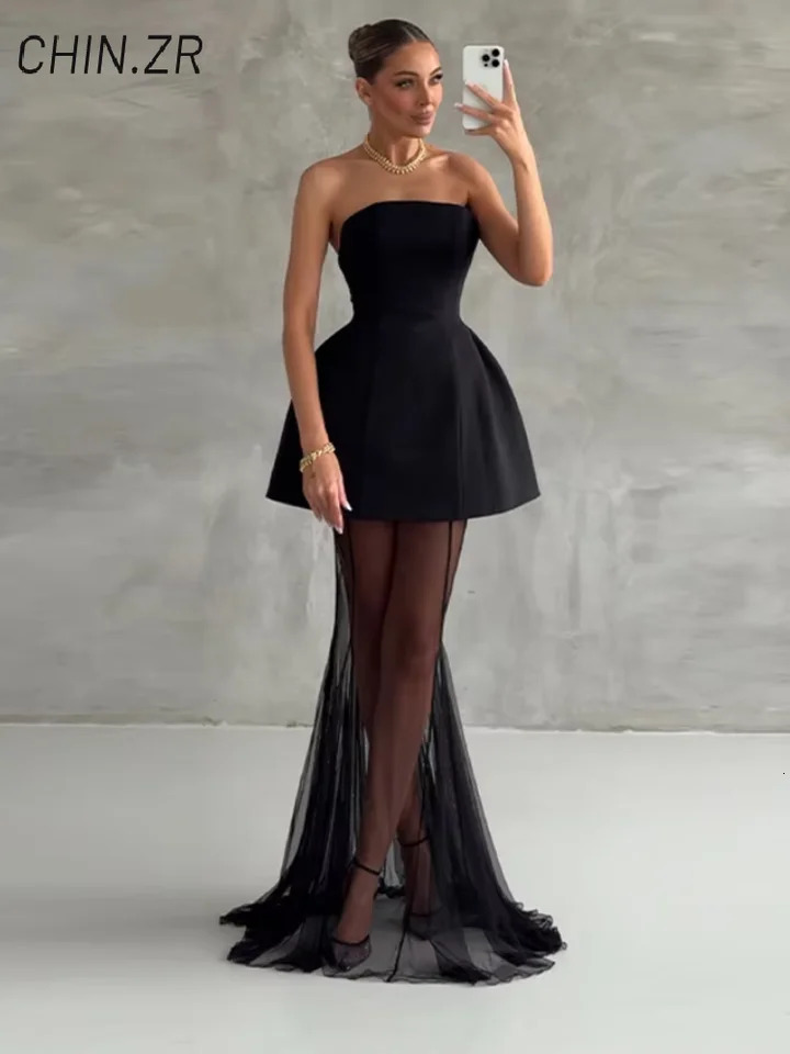 Elegant Strapless Top Fishtail Skirt Sets Women Bandage Sleeveless Backless Puffy Vests See Through Skirts Summer Lady Suit 250714