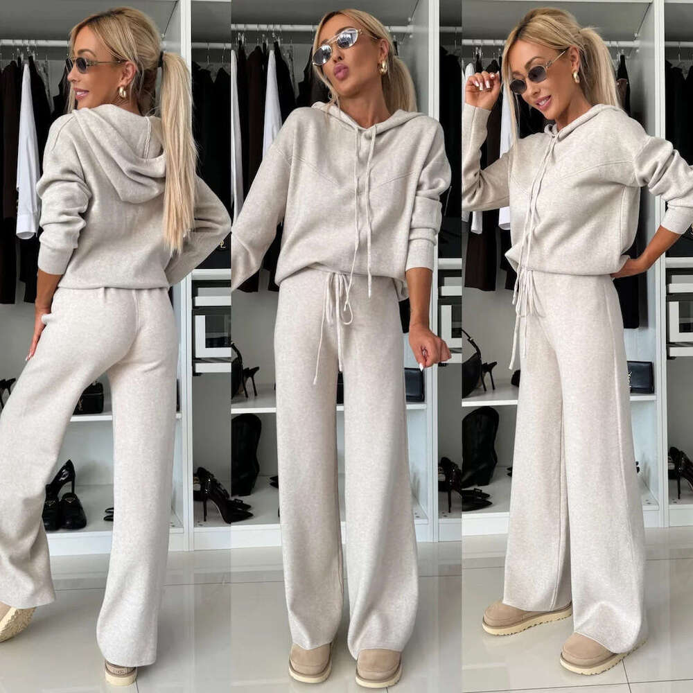 Autumn Winter New Casual Suit Women Solid Color Hooded Long Sleeve Sweatshirt Drawstring Wide Leg Pants Two-Piece Set B5
