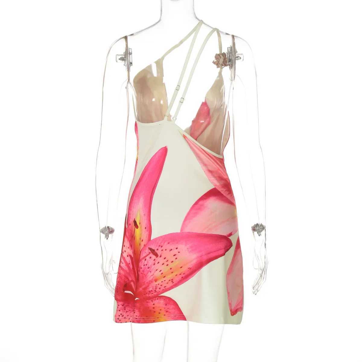 One Shoulder Floral Print Beach Vacation Y2K Mini Dress Outfits Women Summer Backless Sleeveless Bodycon Short Dresses Vestido XJ250722