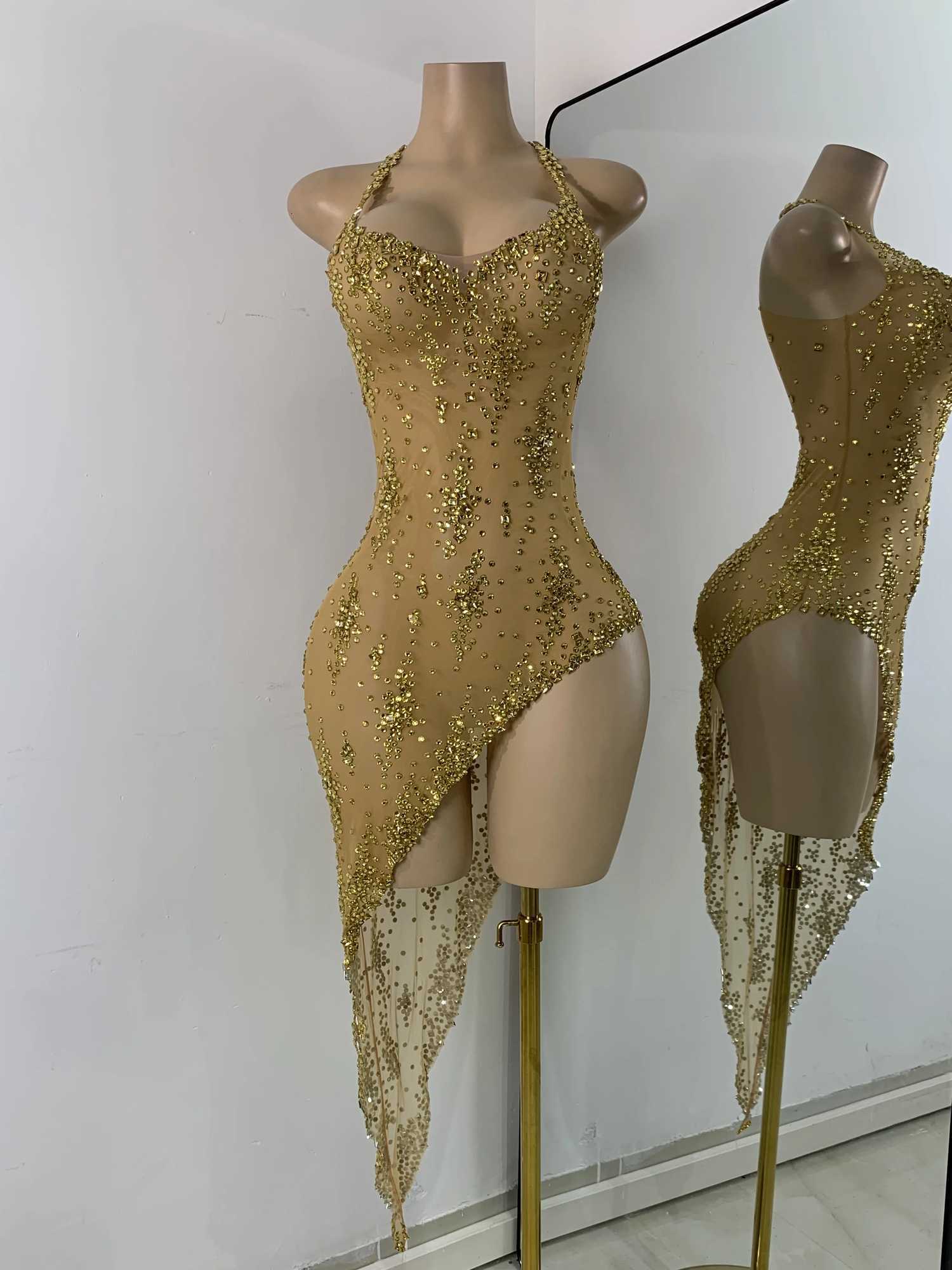 Sparkly Gold Design Evening Party Dress Luxury Rhines See Through Sexy Womens Clothing Mesh Stretch Birthday Dresses XJ250722