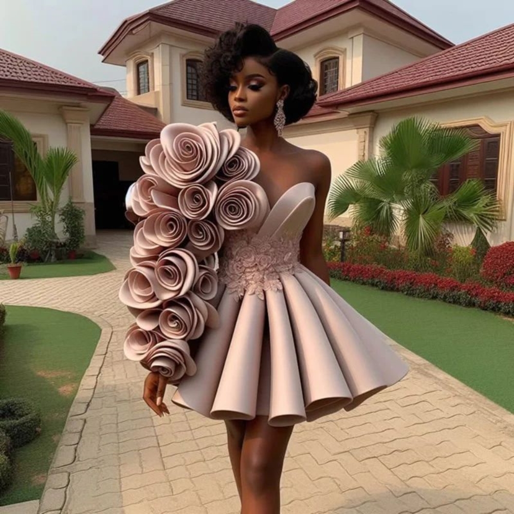 Flowers One Shoulder Short Prom Dresses Pleats Satin A-Line Cocktail Party Gown Sweetheart Neckline Customized Birthday Party Occasion Dress