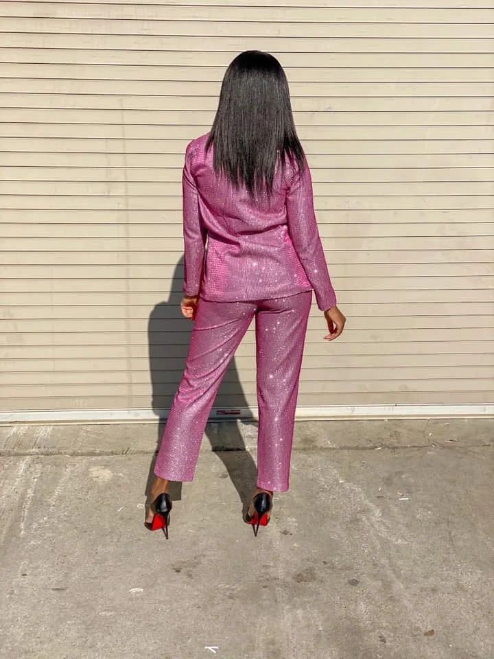 glitter blazer pant suit set plus size pink shiny sparkly birthday wedding cocktail party christmas year stage outfit 250714