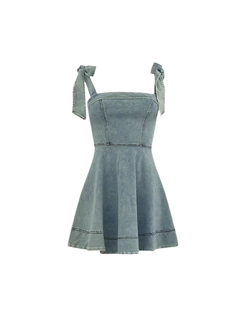 L721Summer European and American cross-border Amazon independent station square neck tie waist distressed denim dress