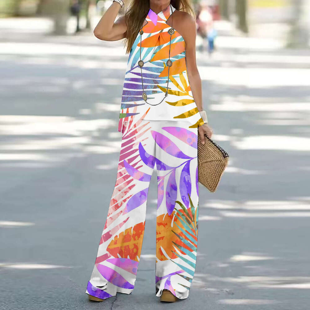 Summer New Women's Cross Halter Neck Sleeveless Printed Casual Wide-Leg Pants Elegant Set B5